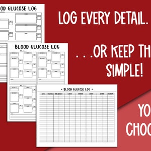 May include: Three printable blood glucose log templates. The first two templates have space for recording blood glucose readings, time, and notes. The third template is a simple grid with columns for date, eating, breakfast, lunch, dinner, snack, and bedtime.