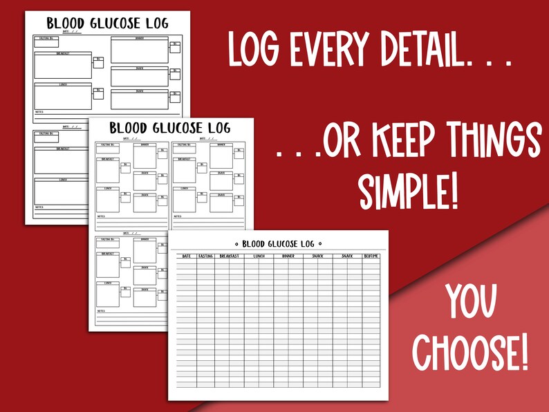 May include: Three printable blood glucose log templates. The first two templates have space for recording blood glucose readings, time, and notes. The third template is a simple grid with columns for date, eating, breakfast, lunch, dinner, snack, and bedtime.