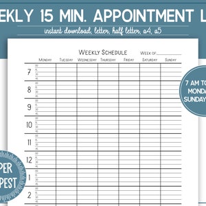 Könnte beinhalten: Ein druckbarer Wochenplaner mit 15-Minuten-Zeiteinheiten. Der Planer ist für einen Tag von 7:00 bis 19:00 Uhr konzipiert, mit einem Start am Montag oder Sonntag. Der Planer enthält Spalten für Montag, Dienstag, Mittwoch, Donnerstag, Freitag, Samstag und Sonntag.