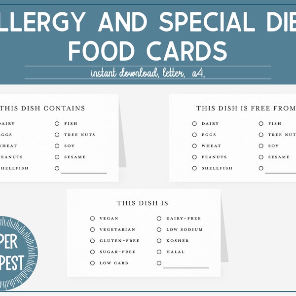 Druckbare Lebensmittelallergie-Tags für Buffets, druckbare Lebensmittelkarten für besondere Ernährungsbedürfnisse, für Hochzeit, Arbeitsparty, Potluck oder Gastronomie