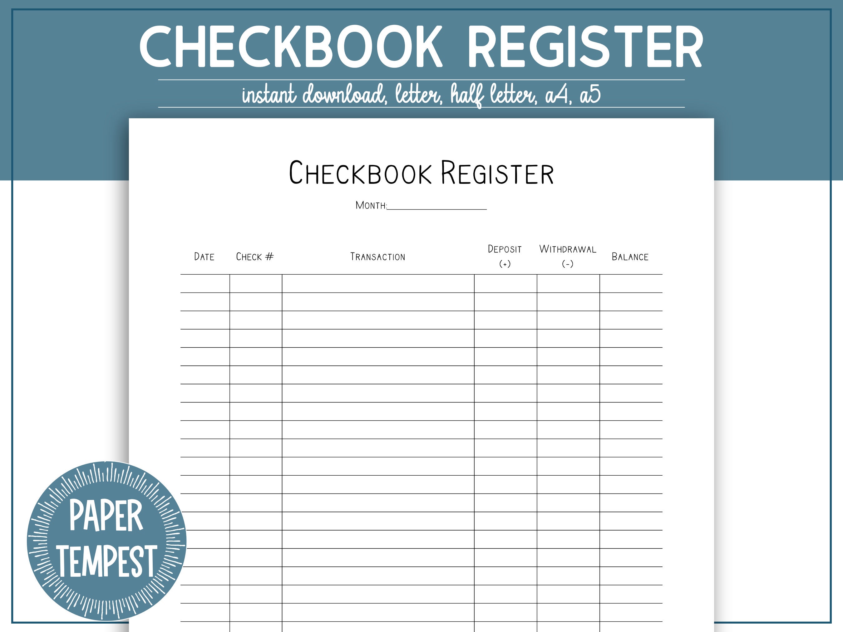 Checkbook Register Printable, Check Register Book Template, Transaction