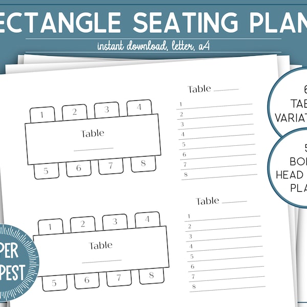 Printable Wedding Seating Chart Template, Rectangular Table Seating Planner, Event Table Seating Arrangement, Head Table Plans, Seat Map