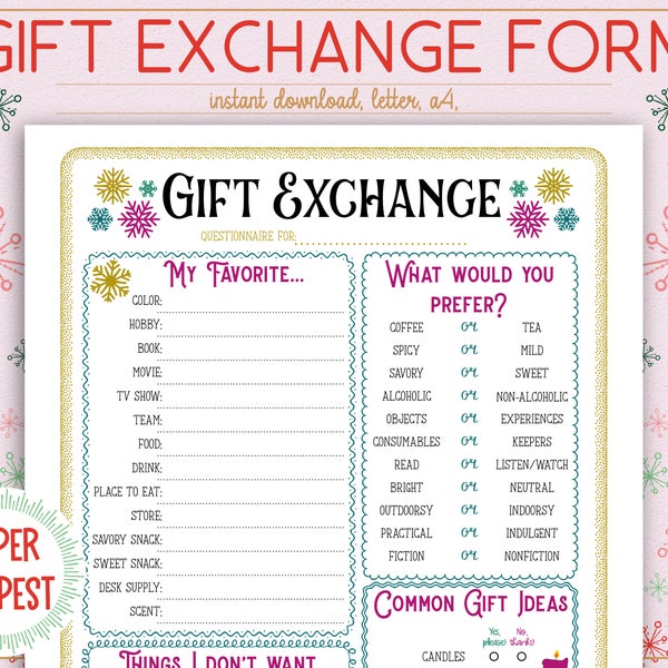 Printable Non-denominational Gift Exchange Questionnaire, Gift Template for Work, Office Gift Survey, Holiday Party Gift Exchange Wish List