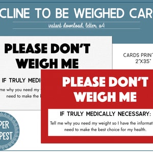 Druckbare Don't Weigh Me Karten, Ablehnen, um gewogen zu werden Karten, Blind Weight medizinische Informationskarten, Skip Wiegekarten