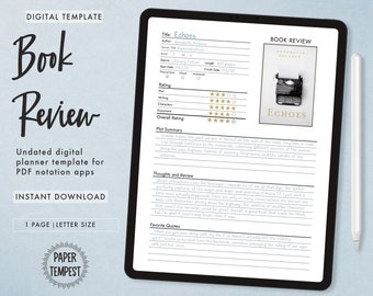 Digital Book Review Template, Book Review Journal, Digital Book Review Notes, Digital Bookshelf, Reading Log Planner, PDF Book Review