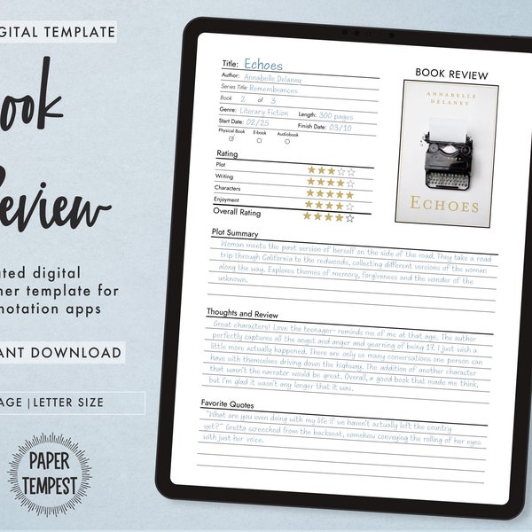 Digital Book Review Template, Book Review Journal, Digital Book Review Notes, Digital Bookshelf, Reading Log Planner, PDF Book Review