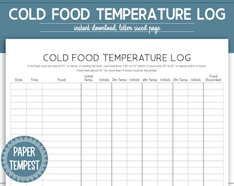 Printable Cold Food Temperature Log, Cold Food Holding Temperature Chart, Food Temperature Recording Chart, Food Safety Log