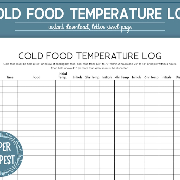 Journal imprimable de la température des aliments froids, tableau des températures de conservation des aliments froids, tableau d'enregistrement de la température des aliments, journal de sécurité alimentaire
