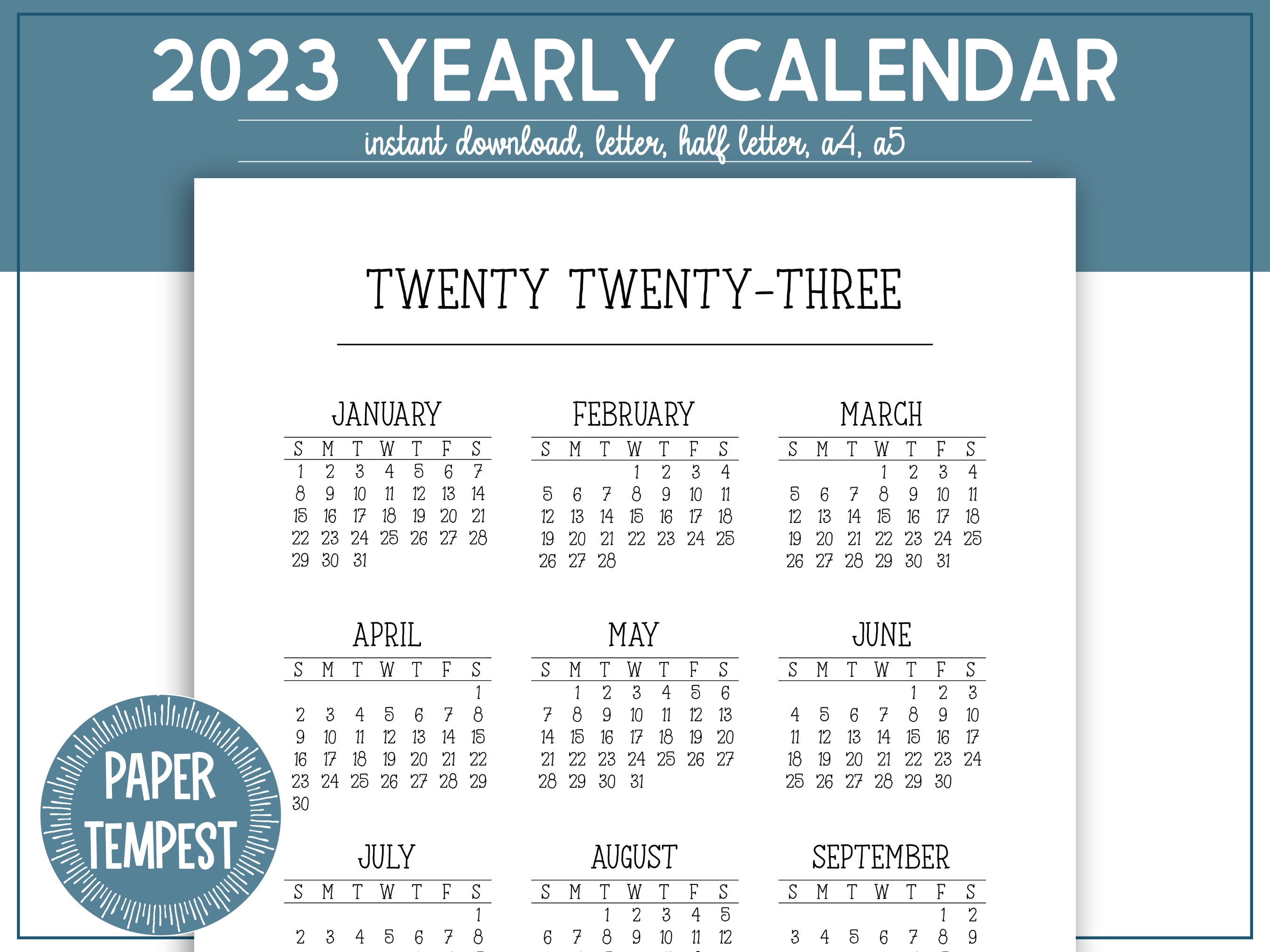 2023 Calendar Printable Yearly Calendar Printable 2023 One - Etsy
