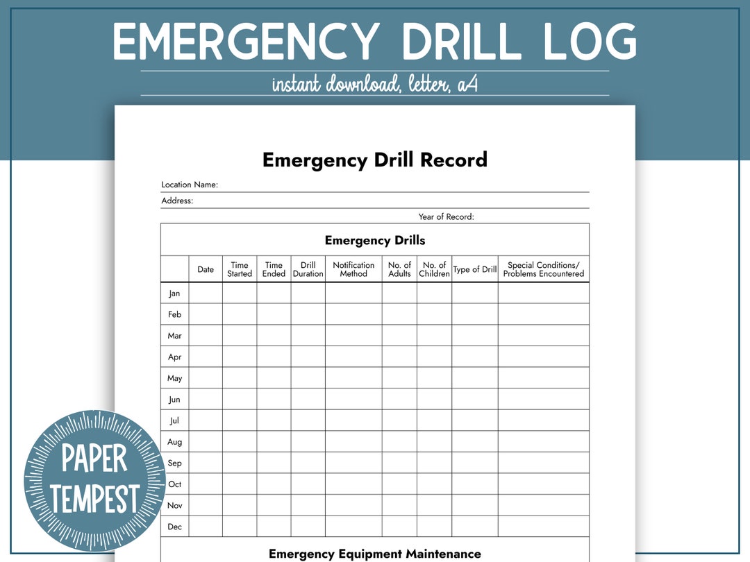 Printable Emergency Evacuation Log, Emergency Drill Record, Fire Drill