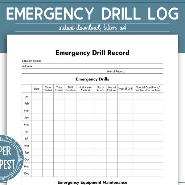 Printable Emergency Evacuation Log, Emergency Drill Record, Fire Drill Log for Daycare and School, Disaster Preparedness Log, Fire Alarm Log