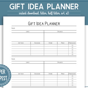 Printable Gift Idea Planner, Wish List Tracker, Christmas Present Idea List, Birthday Gift Checklist, A4, A5, Letter, Half Letter, PDF