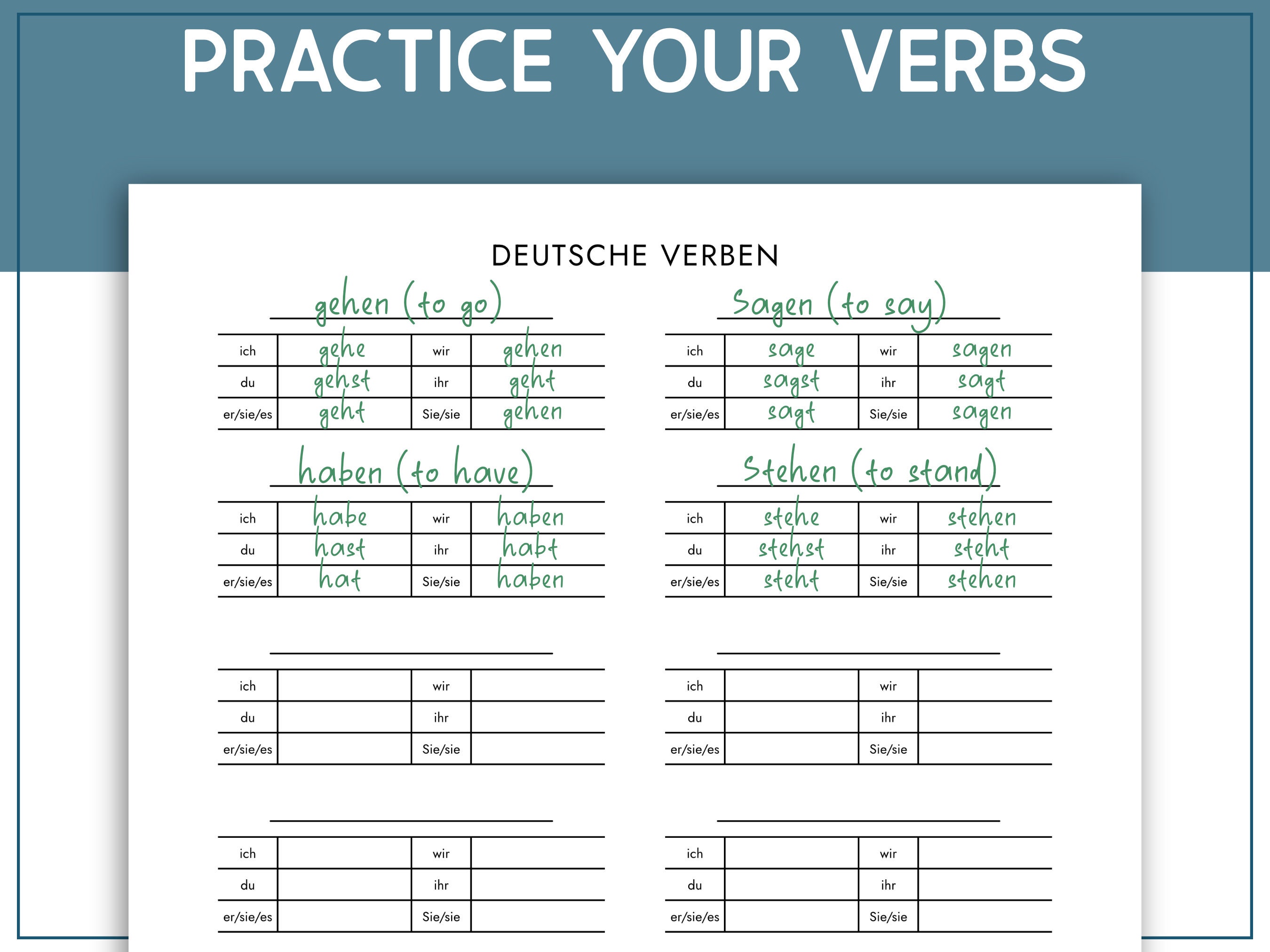 Pratique imprimable du tableau des verbes allemands, modèle de feuille de travail sur la