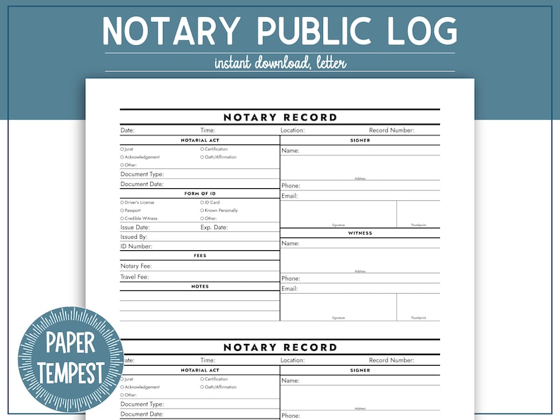 Printable Notary Public Log Template, Notary Public Journal, Notary