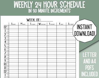 30-Minuten-Planer zum Ausdrucken, 30-Minuten-Tagesplaner, Wochenplaner zum Ausdrucken, halbe Stunde Wochenplaner, halbe Stunde Planer