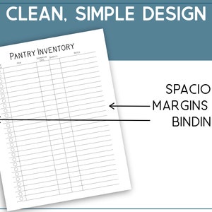 May include: A printable pantry inventory list with columns for item, expiry date, quantity, and notes. The list has a check box column for items to reorder. The page has wide margins for binding.