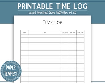 May include: Printable time log template with the title "TIME LOG" and column headings "DATE", "TASK", "TIME START", "TIME DONE", and "TOTAL TIME".