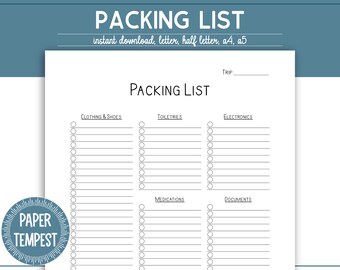 May include: A printable packing list with sections for clothing and shoes, toiletries, electronics, medications, and documents. The list has a space for the trip name at the top.