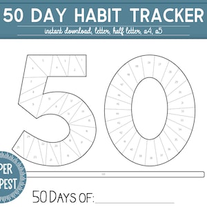 Kleur in 50 dagen gewoonte tracker, oefening tracking, dagelijkse kleurplaat fitness grafiek, doel tracking afdrukbare PDF, sobere dagboek sjabloon