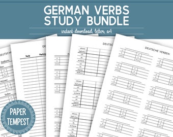 Printable German Verbs Study Bundle, German Verb Conjugation Worksheet Templates, German Language Learning Study Aid, Deutsche Verben PDF