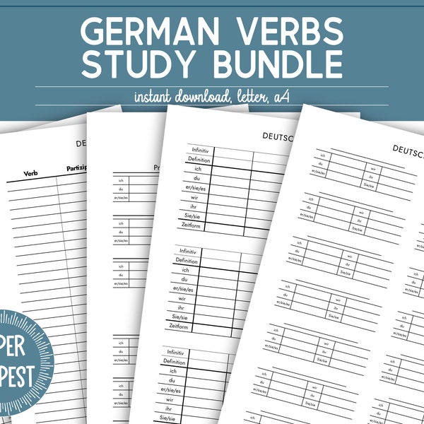 Printable German Verbs Study Bundle, German Verb Conjugation Worksheet Templates, German Language Learning Study Aid, Deutsche Verben PDF