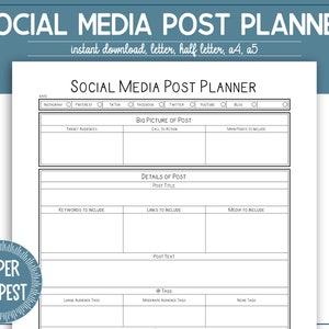 May include: A black and white printable social media post planner with sections for date, platform, target audience, big picture of post, details of post, keywords to include, links to include, media to include, post text, and tags. The planner is designed to help users plan and organize their social media posts.