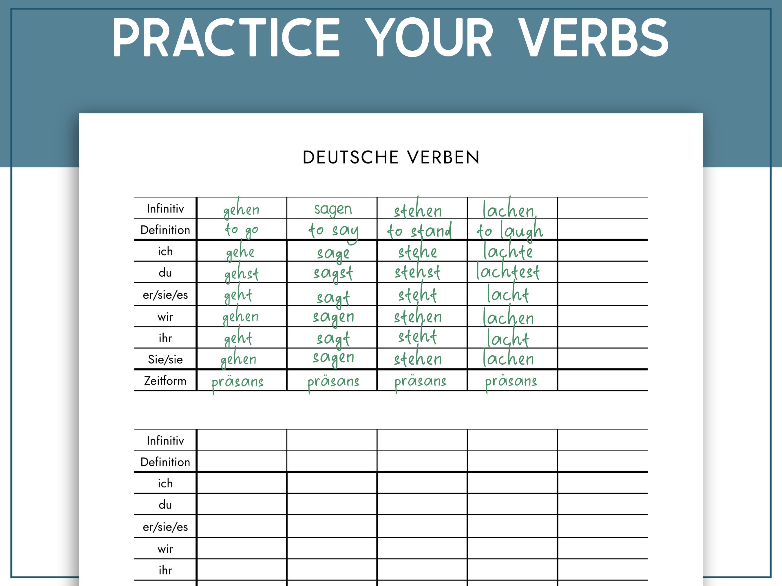 Printable German Verb Table Practice, German Verb Conjugation Worksheet ...