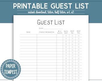 Printable Guest List Template, Printable Event Planner Log Template, Wedding Guest List Template, RSVP Tracker, Party Invite Tracker, PDF