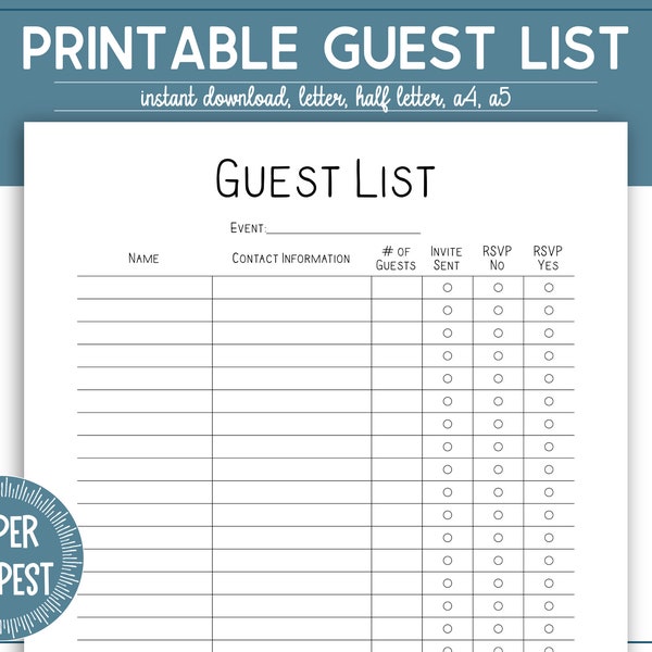 Printable Guest List Template, Printable Event Planner Log Template, Wedding Guest List Template, RSVP Tracker, Party Invite Tracker, PDF