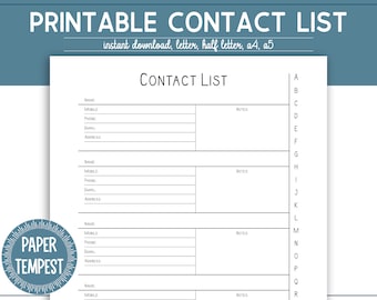Printable Contact List, Address Book Template, Address Log Planner Insert, Phone Directory Template, Client Contact List, Lead List