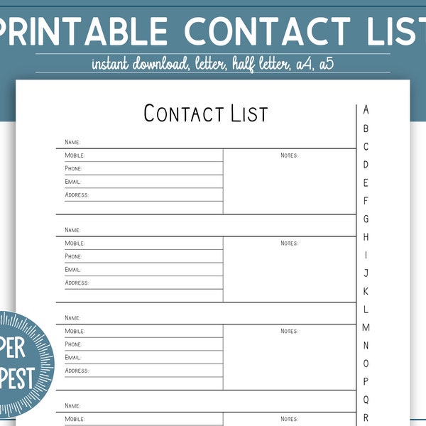 Printable Contact List, Address Book Template, Address Log Planner Insert, Phone Directory Template, Client Contact List, Lead List