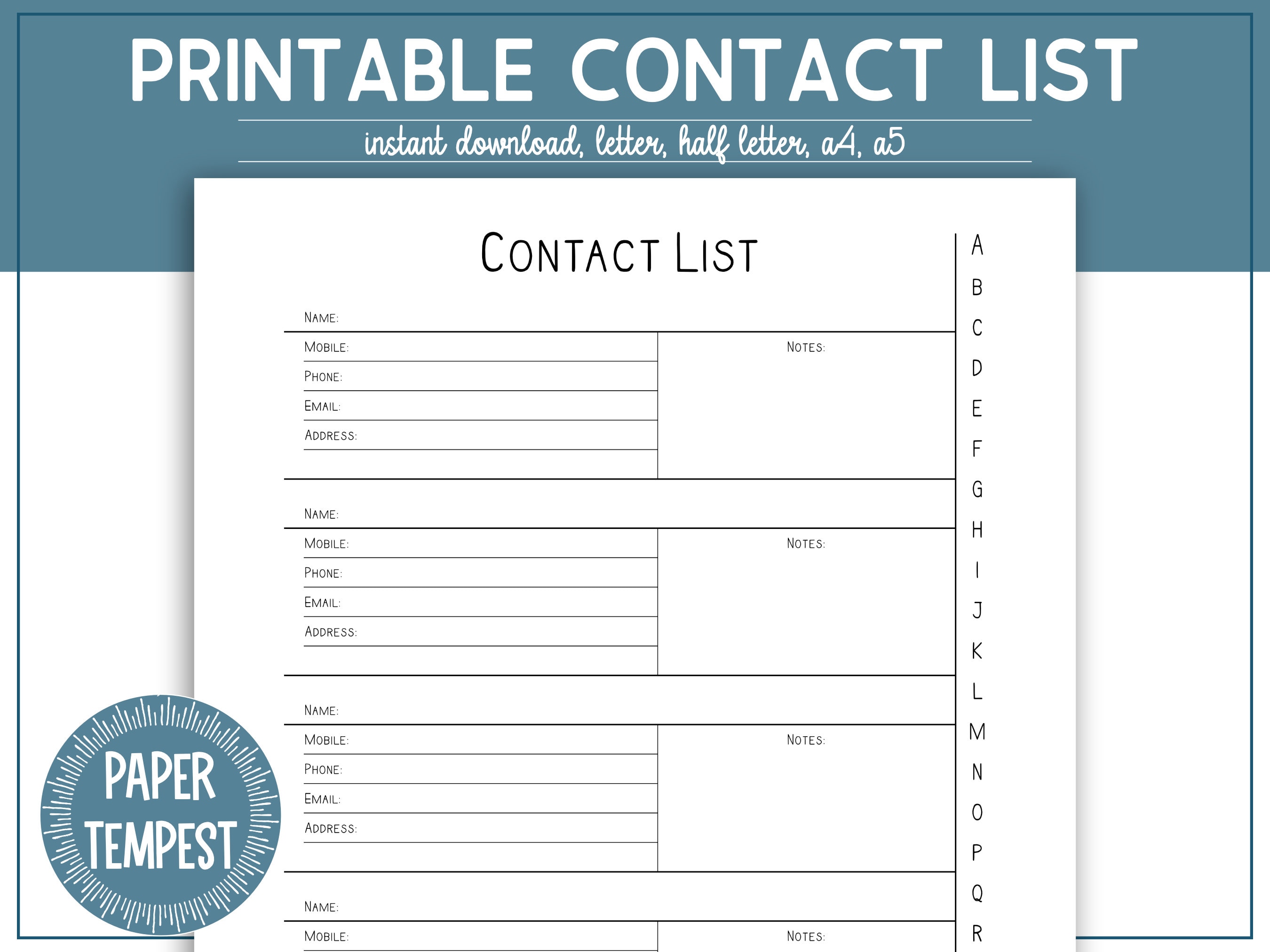 Contact Page Printable, Address Book, Contact List, Contact Book, Phone  Number, Planner Insert in A4, A5, Letter and Half Size 