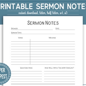 Printable Sermon Notes Template, Church Note Taking Template, Sermon Notes PDF,  Sermon Summary Planner, Bible Study Notes, Church Journal