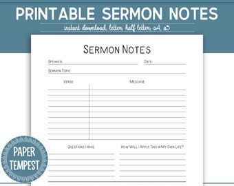 Printable Sermon Notes Template, Church Note Taking Template, Sermon Notes PDF,  Sermon Summary Planner, Bible Study Notes, Church Journal