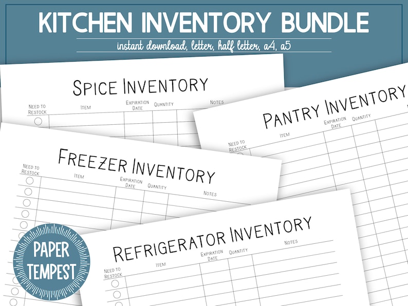May include: Printable kitchen inventory bundle with checklists for spice, pantry, freezer, and refrigerator items. Each sheet includes columns for item, expiration date, quantity, and notes. The bundle is available for instant download in letter, half letter, A4, and A5 sizes.