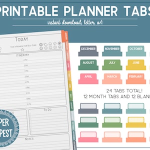 May include: Printable planner tabs in various colors, including gray, blue, green, yellow, pink, and orange. The tabs are labeled with months of the year, such as January, February, March, and so on. There are also blank tabs. The text "24 tabs total! 12 month tabs and 12 blank tabs" is printed below the tabs.