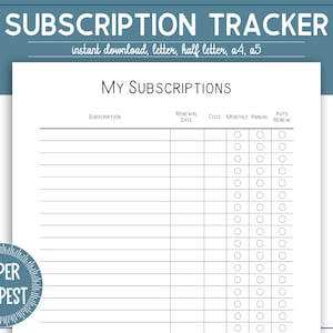 Printable Subscription Tracker, Printable Subscription Log, Subscription Tracker Printable, Digital Planner Insert, Budget Tracker, A5, A4