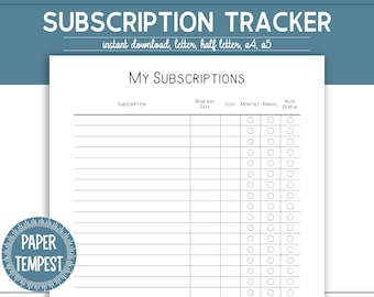 Printable Subscription Tracker, Printable Subscription Log, Subscription Tracker Printable, Digital Planner Insert, Budget Tracker, A5, A4