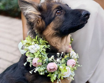 Dusty pink and white roses dog wedding wreath, dog wedding collar, flower crown for dog, engagement wreath