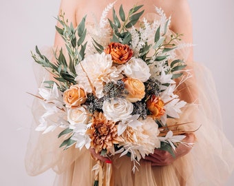 Burnt orange and ivory bouquet, fall wedding bouquet, fake flowers bride bouquet, wedding bouquet set, groom boutonniere