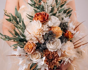 Burnt orange and ivory rose wedding bouquet, silk flower bouquet, artificial boho bouquet, fall wedding bouquet set