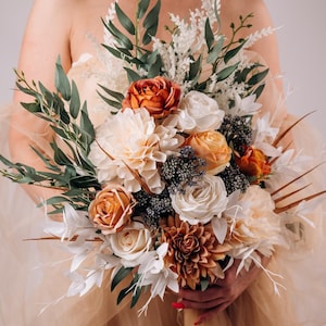 Burnt orange and ivory rose wedding bouquet, silk flower bouquet, artificial boho bouquet, fall wedding bouquet set
