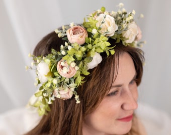 Dusty pink roses floral crown, flower head piece, boho flower crown, flower girl wreath, flower crown wedding