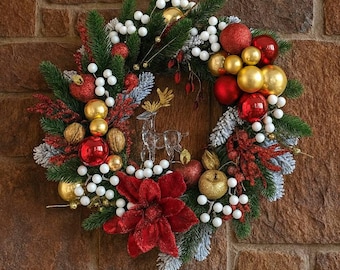 Corona navideña de bayas rojas, decoración navideña para la puerta de entrada, 45 cm (18 pulgadas)