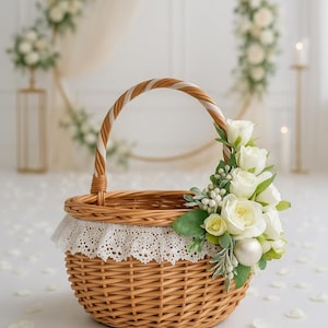 flower girl basket with pearl, simple bridesmaid basket, wicker basket, wedding boho flower girl basket, rustic basket vintage wedding