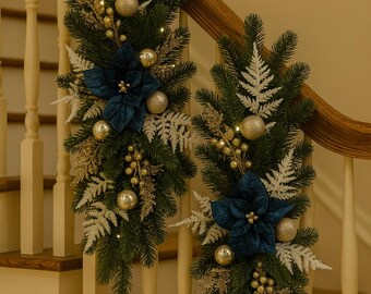 Christmas Staircase Garland: Poinsettia, Pine Cones & Berries