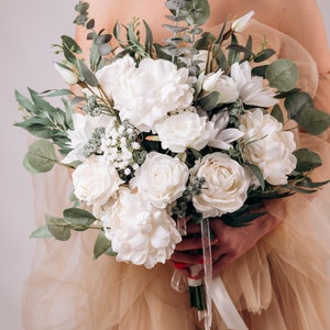 Ivory Silk Rose Wedding Bouquet: White Eucalyptus Boho Bridal Decor