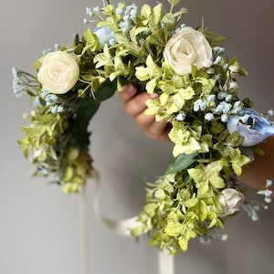 Dusty blue and white roses dog wedding wreath, dog wedding collar, flower crown for dog, engagement wreath