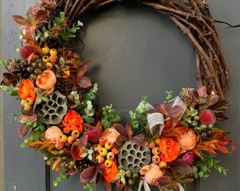 Fall Peony and Pumpkin Wreath, Autumn Harvest Decor