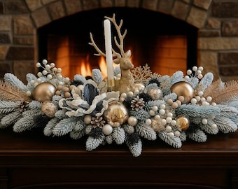 Christmas Mantel Garland | Golden Reindeer, Luxury Christmas Table Centerpiece